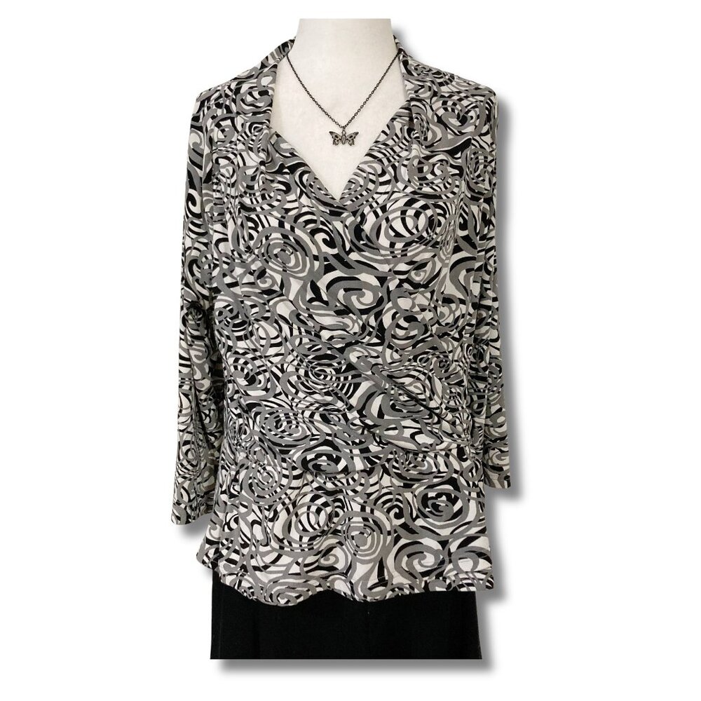 REITMAN'S Black white grey swirl print v-neck wrap top ~ Vintage LARGE XL shirt
